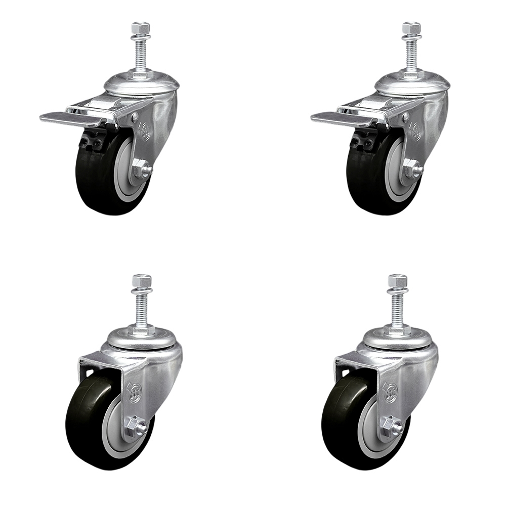 Polyurethane Swivel Threaded Stem Caster Set of 4 w/3.5" x 1.25"  Black Wheels and 3/8" Stems - Includes 2 with Total Locking Brake - 1200 lbs Total Capacity - Service Caster Brand — photo 1