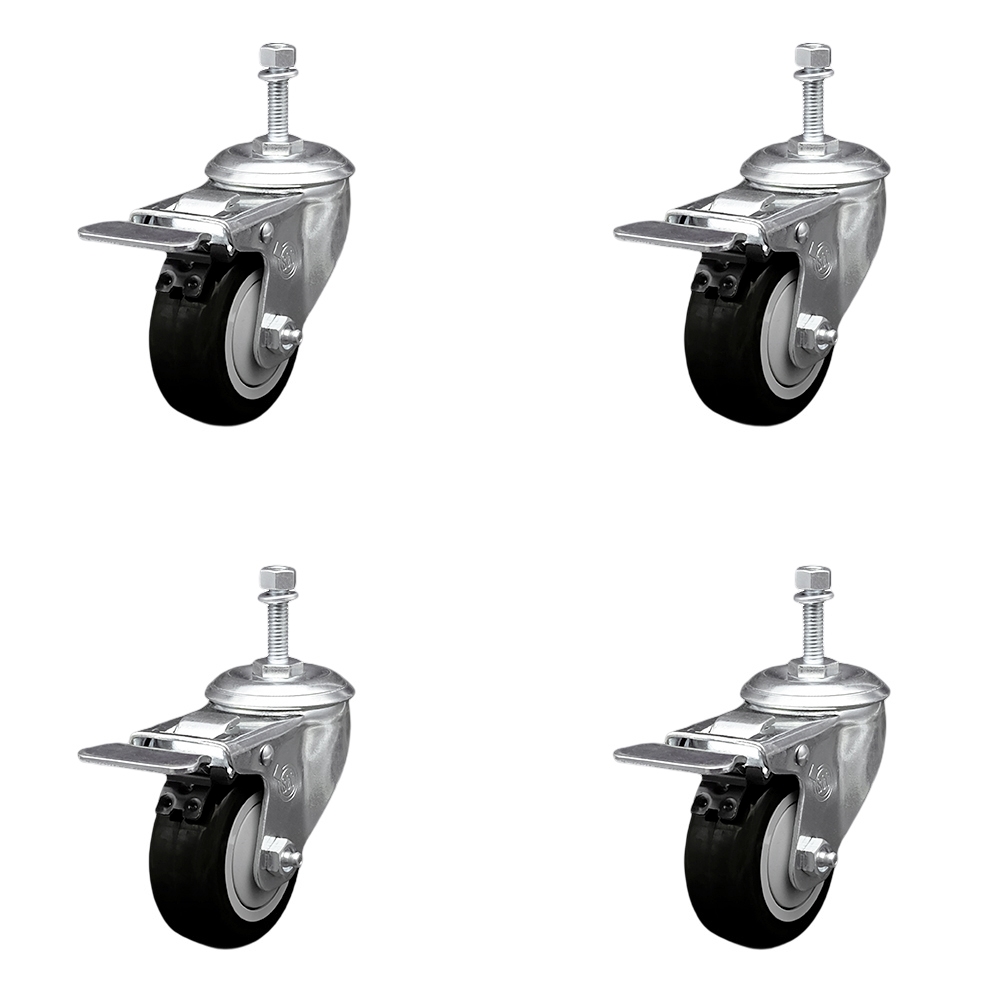 Polyurethane Swivel Threaded Stem Caster Set of 4 w/3.5" x 1.25" Black Wheels and 3/8" Stems - Includes 4 with Total Lock Brakes - 1200 lbs Total Capacity - Service Caster Brand — photo 1