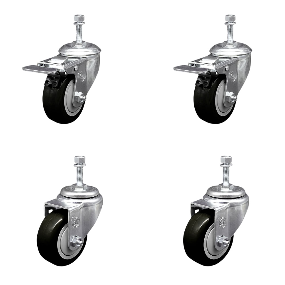 Polyurethane Swivel Threaded Stem Caster Set of 4 w/3.5" x 1.25"  Black Wheels and 10mm Stems - Includes 2 with Total Locking Brake - 1200 lbs Total Capacity - Service Caster Brand — photo 1