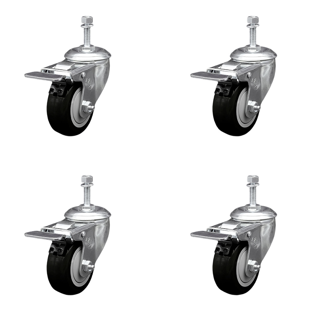 Polyurethane Swivel Threaded Stem Caster Set of 4 w/3.5" x 1.25" Black Wheels and 10mm Stems - Includes 4 with Total Lock Brakes - 1200 lbs Total Capacity - Service Caster Brand — photo 1