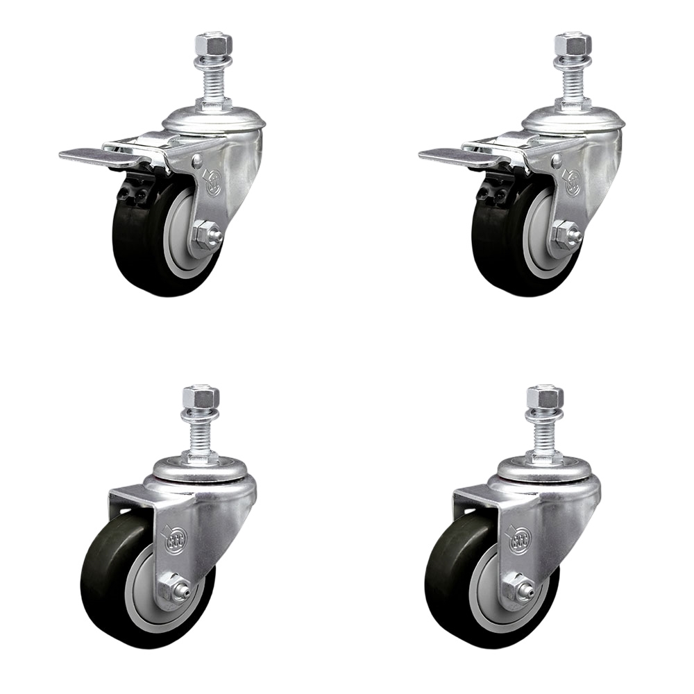 Polyurethane Swivel Threaded Stem Caster Set of 4 w/3.5" x 1.25"  Black Wheels and 12mm Stems - Includes 2 with Total Locking Brake - 1200 lbs Total Capacity - Service Caster Brand — photo 1