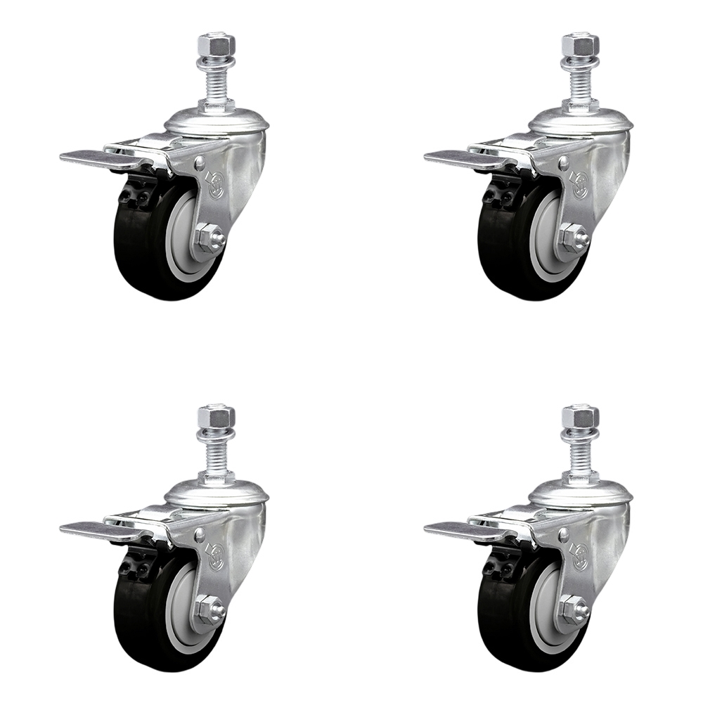 Polyurethane Swivel Threaded Stem Caster Set of 4 w/3.5" x 1.25" Black Wheels and 12mm Stems - Includes 4 with Total Lock Brakes - 1200 lbs Total Capacity - Service Caster Brand — photo 1