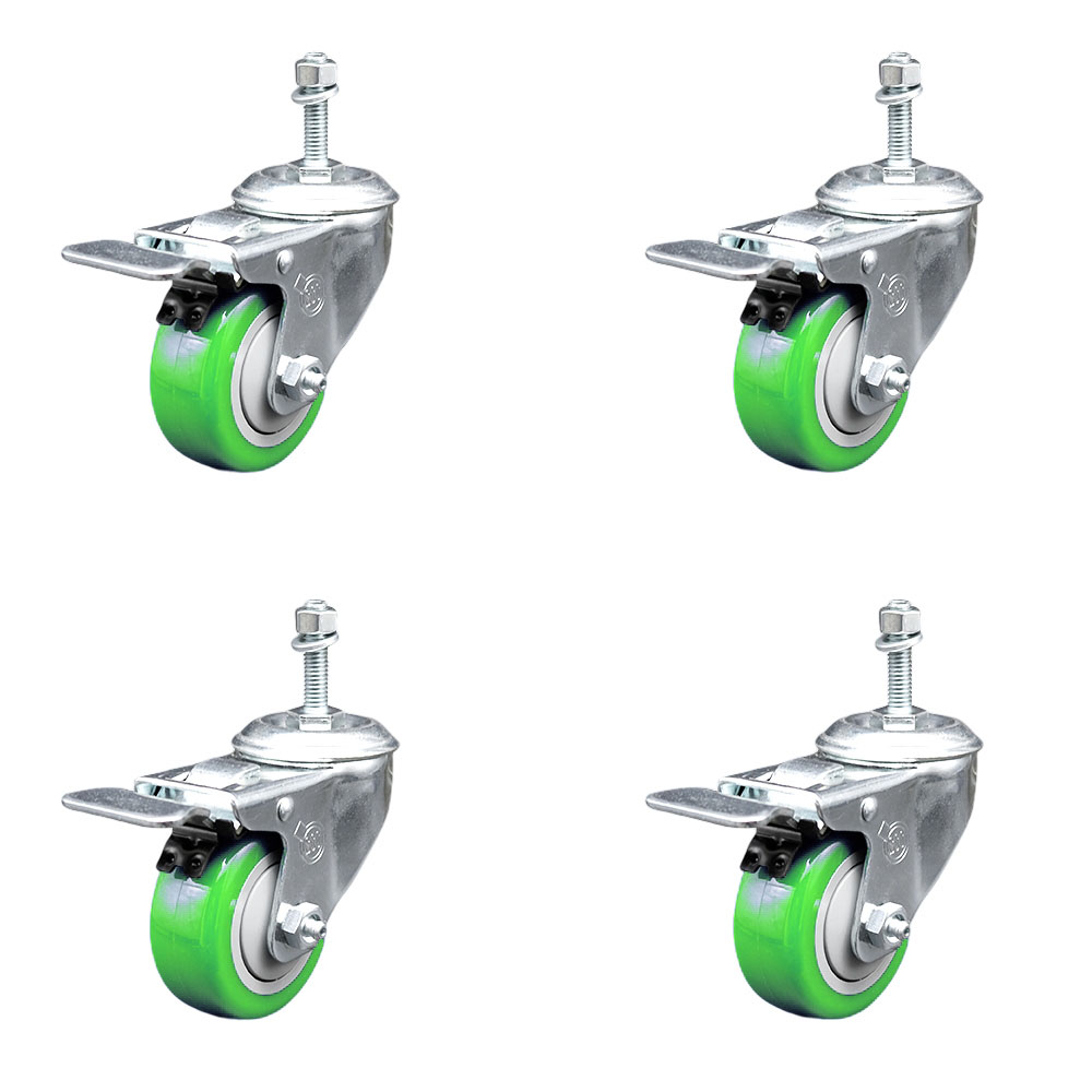 Polyurethane Swivel Threaded Stem Caster Set of 4 w/3.5" x 1.25" Green Wheels and 10mm Stems - Includes 4 with Total Lock Brakes - 1200 lbs Total Capacity - Service Caster Brand — photo 1