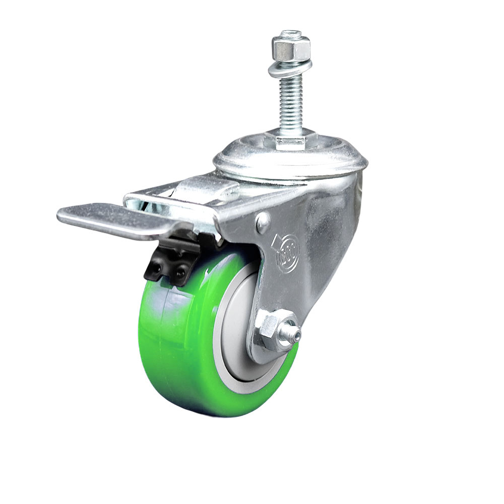 Polyurethane Swivel Threaded Stem Caster w/3.5" x 1.25" Green Wheel and 10mm Stem & Total Locking Brake - 300 lbs Capacity/Caster - Service Caster Brand — photo 1