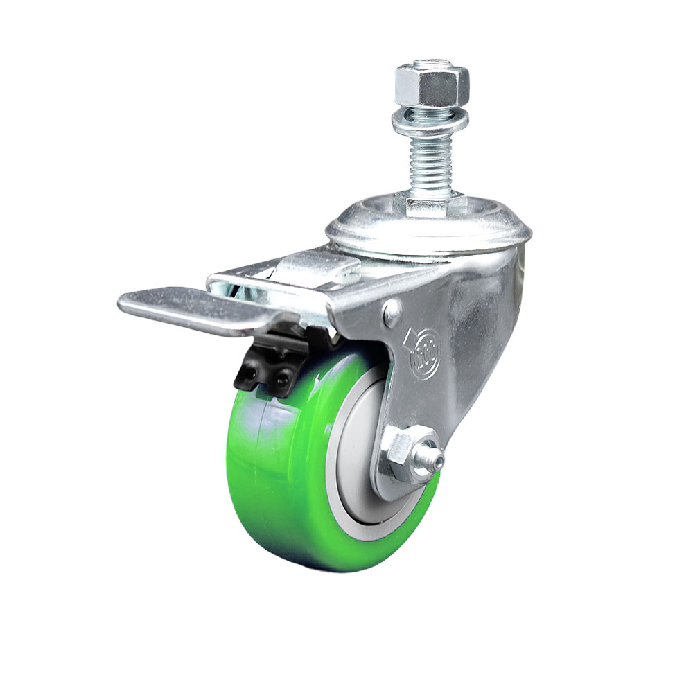 Polyurethane Swivel Threaded Stem Caster w/3.5" x 1.25" Green Wheel and 12mm Stem & Total Locking Brake - 300 lbs Capacity/Caster - Service Caster Brand — photo 1