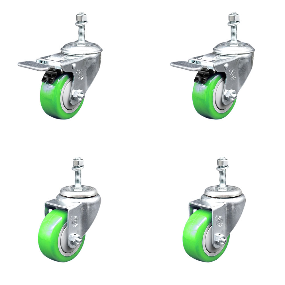 Polyurethane Swivel Threaded Stem Caster Set of 4 w/3.5" x 1.25" Green Wheels and 3/8" Stems - Includes 2 with Total Locking Brake - 1200 lbs Total Capacity - Service Caster Brand — photo 1