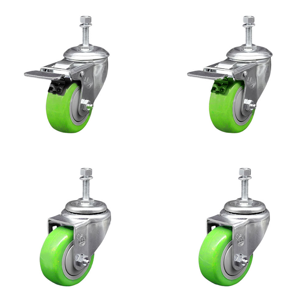 Polyurethane Swivel Threaded Stem Caster Set of 4 w/3.5" x 1.25" Green Wheels and 10mm Stems - Includes 2 with Total Locking Brake - 1200 lbs Total Capacity - Service Caster Brand — photo 1