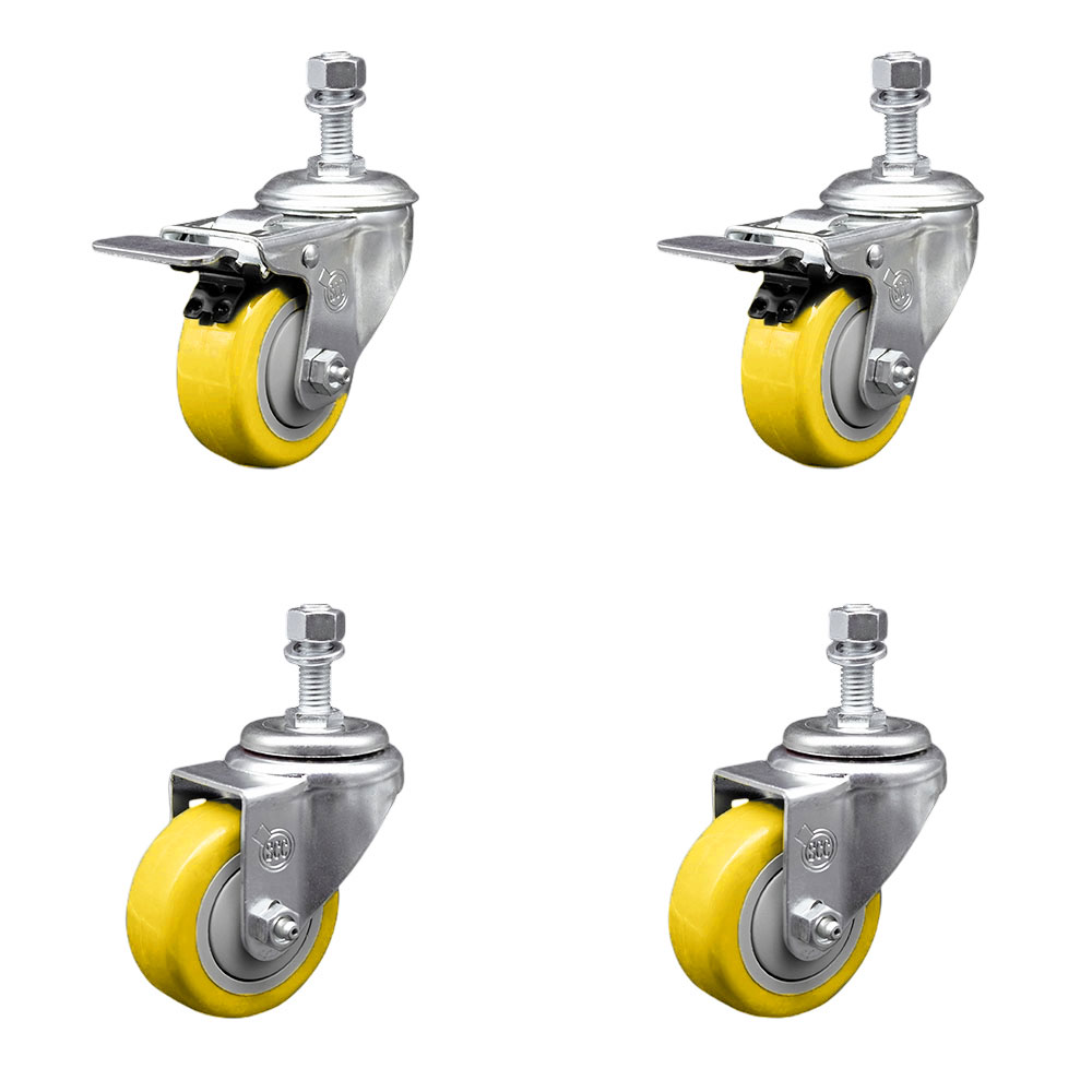 Polyurethane Swivel Threaded Stem Caster Set of 4 w/3.5" x 1.25" Yellow Wheels and 12mm Stems - Includes 2 with Total Locking Brake - 1200 lbs Total Capacity - Service Caster Brand — photo 1