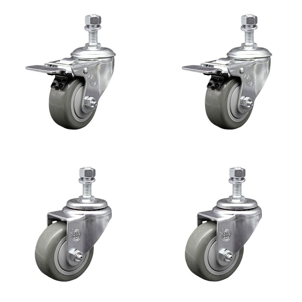 Polyurethane Swivel Threaded Stem Caster Set of 4 w/3.5" x 1.25" Gray Wheels and 12mm Stems - Includes 2 with Total Locking Brake - 1200 lbs Total Capacity - Service Caster Brand — photo 1
