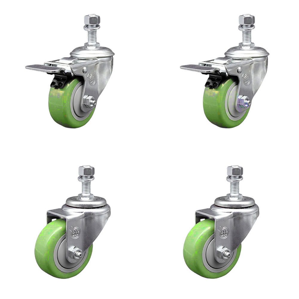 Polyurethane Swivel Threaded Stem Caster Set of 4 w/3.5" x 1.25" Green Wheels and 12mm Stems - Includes 2 with Total Locking Brake - 1200 lbs Total Capacity - Service Caster Brand — photo 1