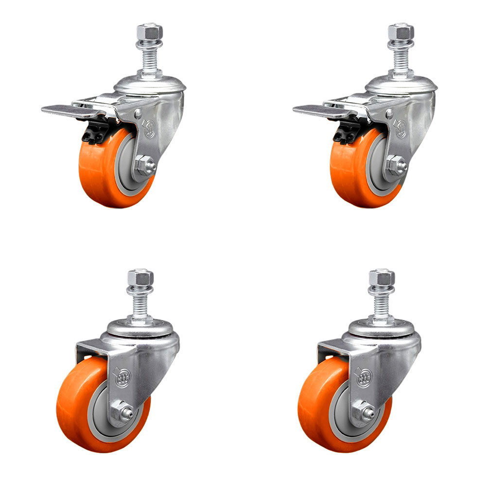 Polyurethane Swivel Threaded Stem Caster Set of 4 w/3.5" x 1.25" Orange Wheels and 12mm Stems - Includes 2 with Total Locking Brake - 1200 lbs Total Capacity - Service Caster Brand — photo 1