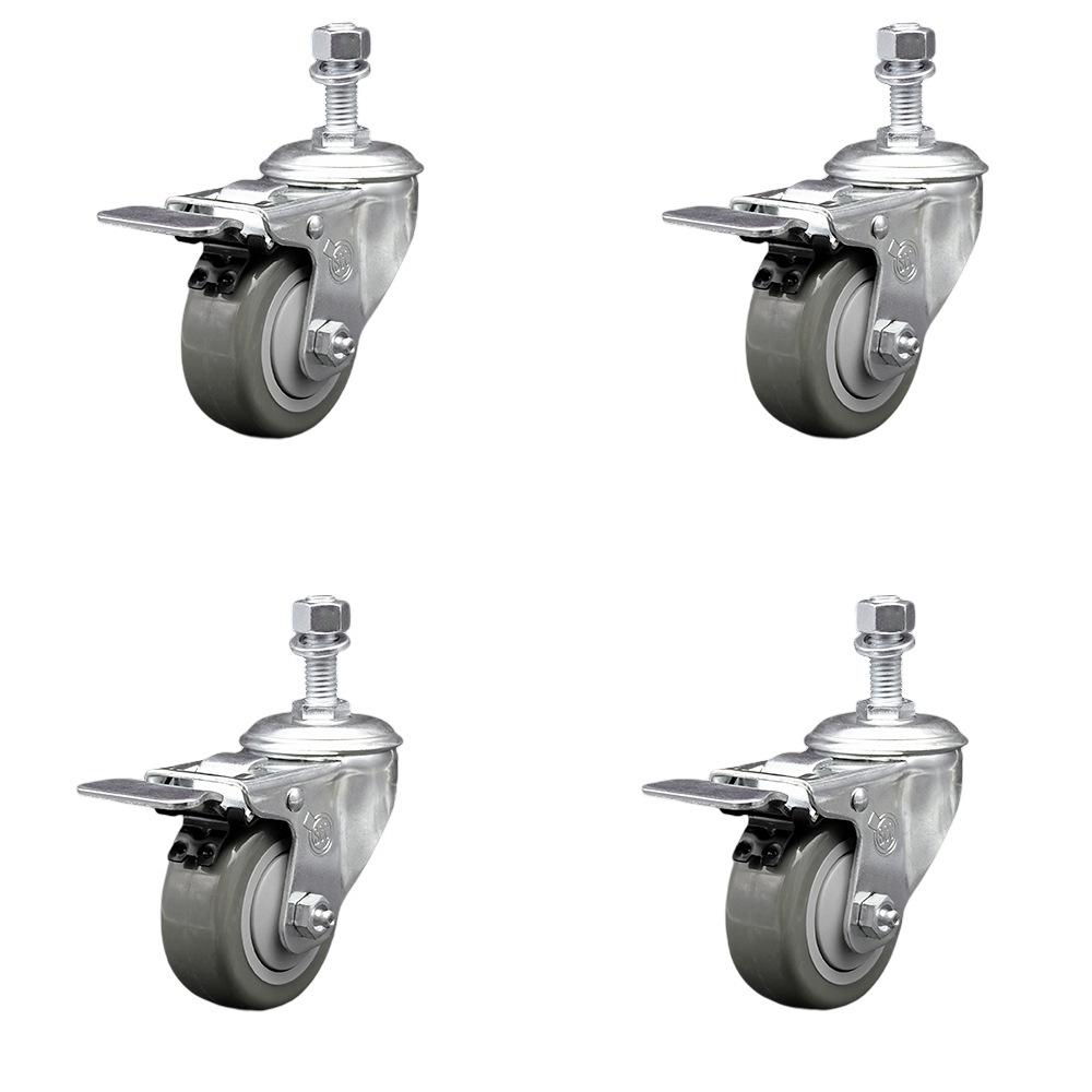 Polyurethane Swivel Threaded Stem Caster Set of 4 w/3.5" x 1.25" Gray Wheels and 12mm Stems - Includes 4 with Total Lock Brakes - 1200 lbs Total Capacity - Service Caster Brand — photo 1