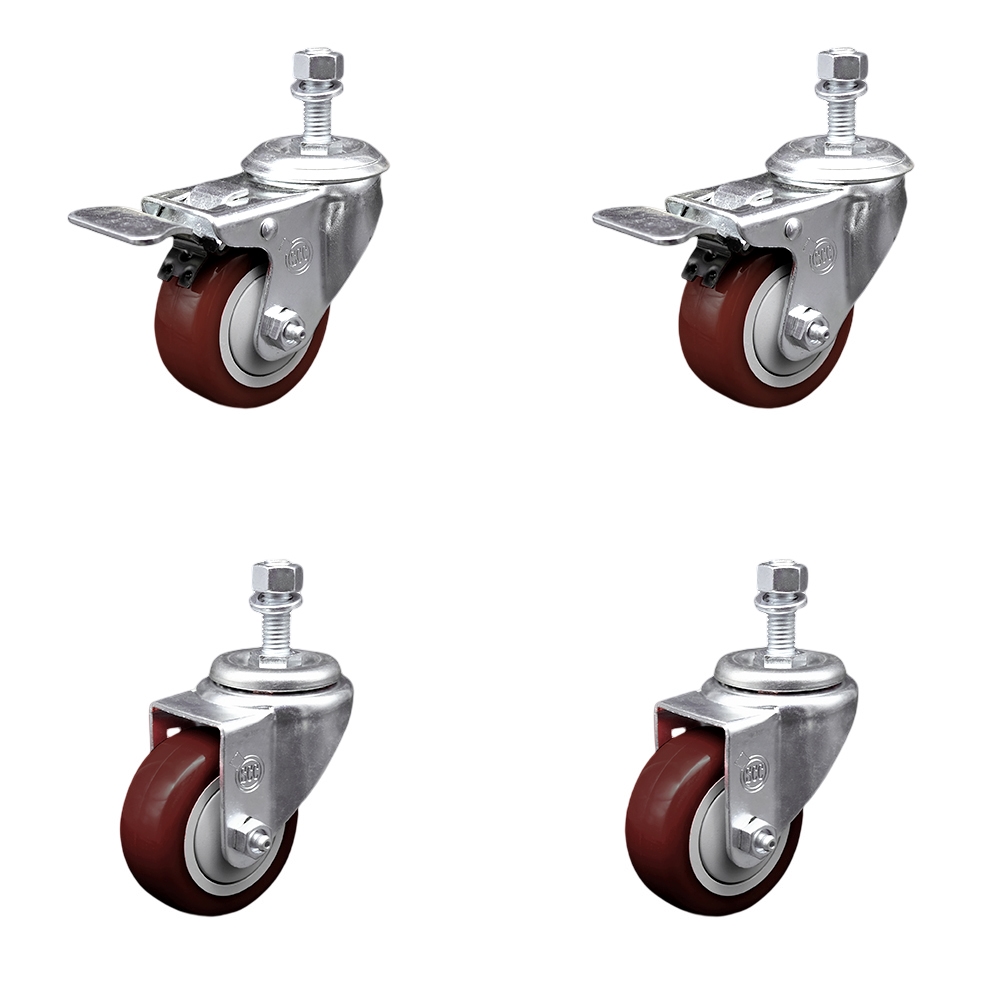 Polyurethane Swivel Threaded Stem Caster Set of 4 w/3.5" x 1.25"  Maroon Wheels and 1/2" Stems - Includes 2 with Total Locking Brake - 1200 lbs Total Capacity - Service Caster Brand — photo 1