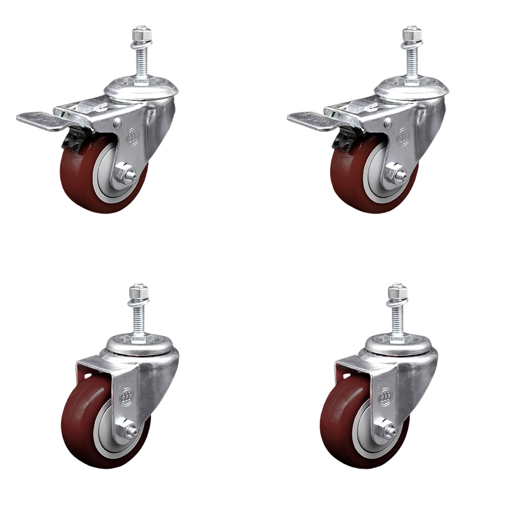 Polyurethane Swivel Threaded Stem Caster Set of 4 w/3.5" x 1.25" Maroon Wheels and 3/8" Stems - Includes 2 with Total Locking Brake - 1200 lbs Total Capacity - Service Caster Brand — photo 1