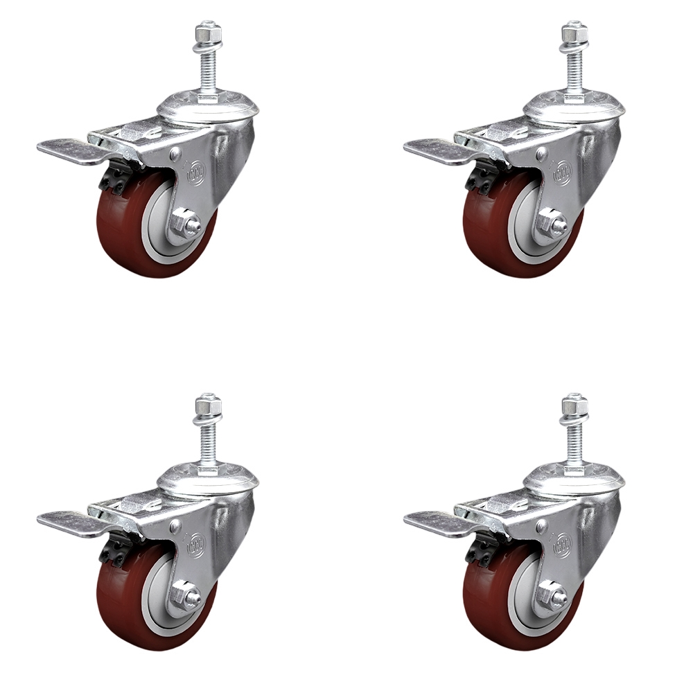 Polyurethane Swivel Threaded Stem Caster Set of 4 w/3.5" x 1.25" Maroon Wheels and 10mm Stems - Includes 4 with Total Lock Brakes - 1200 lbs Total Capacity - Service Caster Brand — photo 1