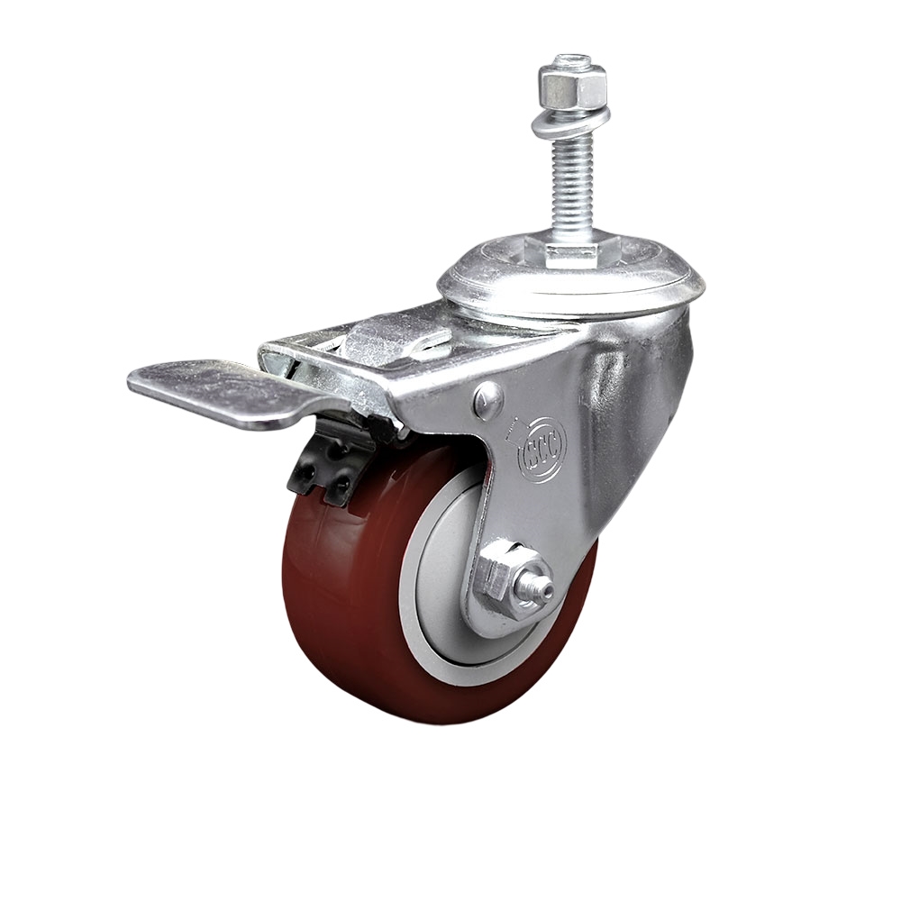 Polyurethane Swivel Threaded Stem Caster w/3.5" x 1.25"  Maroon Wheel and 10mm Stem & Total Locking Brake - 300 lbs Capacity/Caster - Service Caster Brand — photo 1