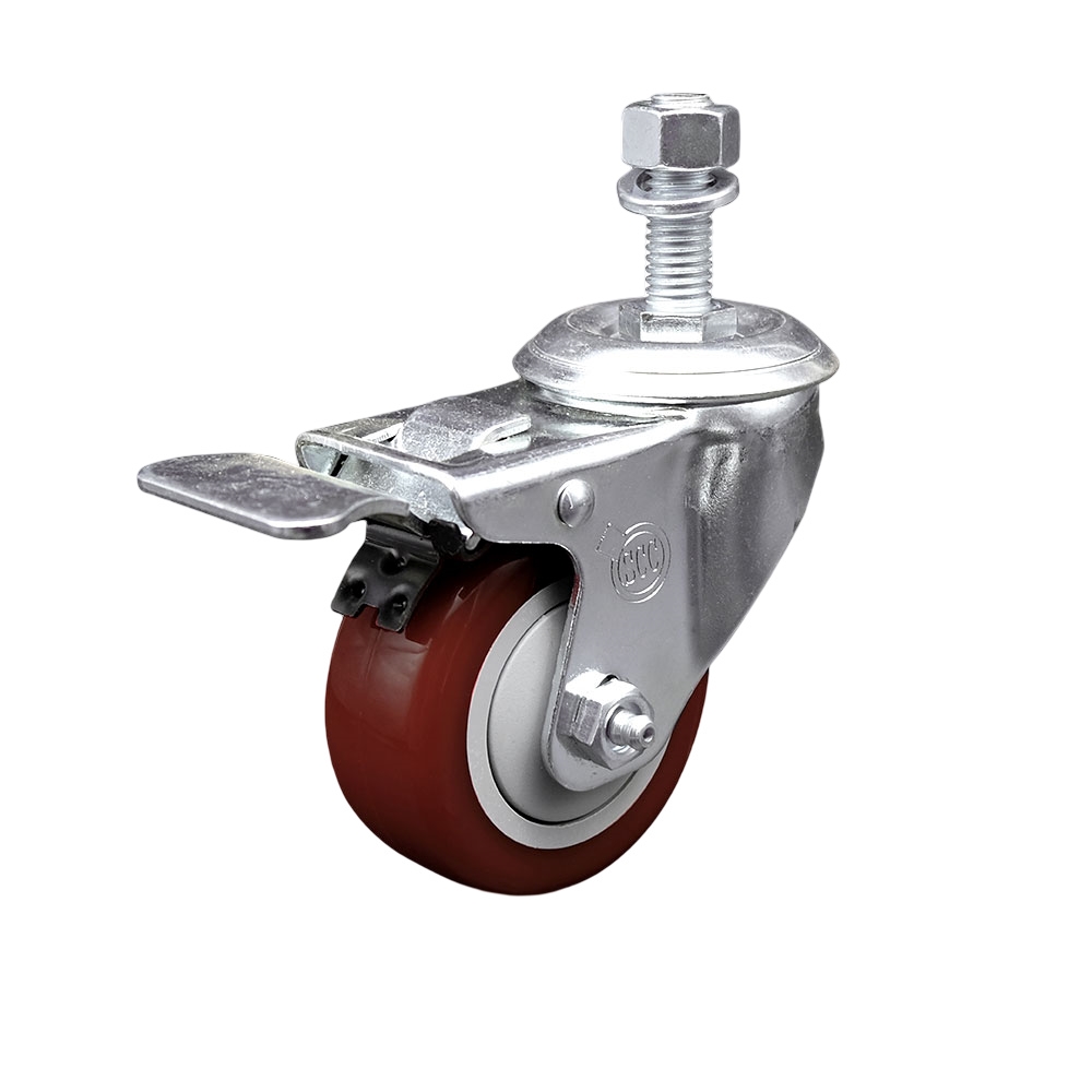Polyurethane Swivel Threaded Stem Caster w/3.5" x 1.25"  Maroon Wheel and 12mm Stem & Total Locking Brake - 300 lbs Capacity/Caster - Service Caster Brand — photo 1