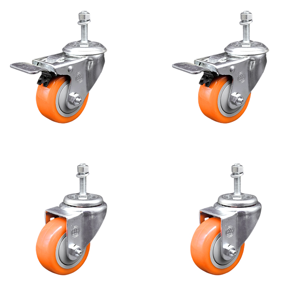 Polyurethane Swivel Threaded Stem Caster Set of 4 w/3.5" x 1.25" Orange Wheels and 3/8" Stems - Includes 2 with Total Locking Brake - 1200 lbs Total Capacity - Service Caster Brand — photo 1
