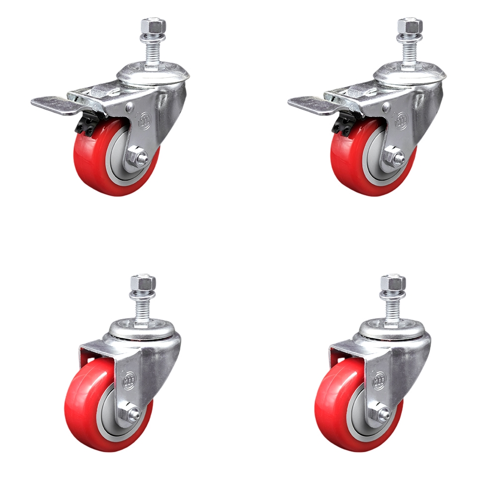 Polyurethane Swivel Threaded Stem Caster Set of 4 w/3.5" x 1.25" Red Wheels and 1/2" Stems - Includes 2 with Total Locking Brake - 1200 lbs Total Capacity - Service Caster Brand — photo 1