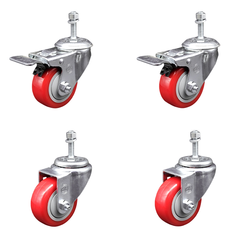 Polyurethane Swivel Threaded Stem Caster Set of 4 w/3.5" x 1.25" Red Wheels and 10mm Stems - Includes 2 with Total Locking Brake - 1200 lbs Total Capacity - Service Caster Brand — photo 1