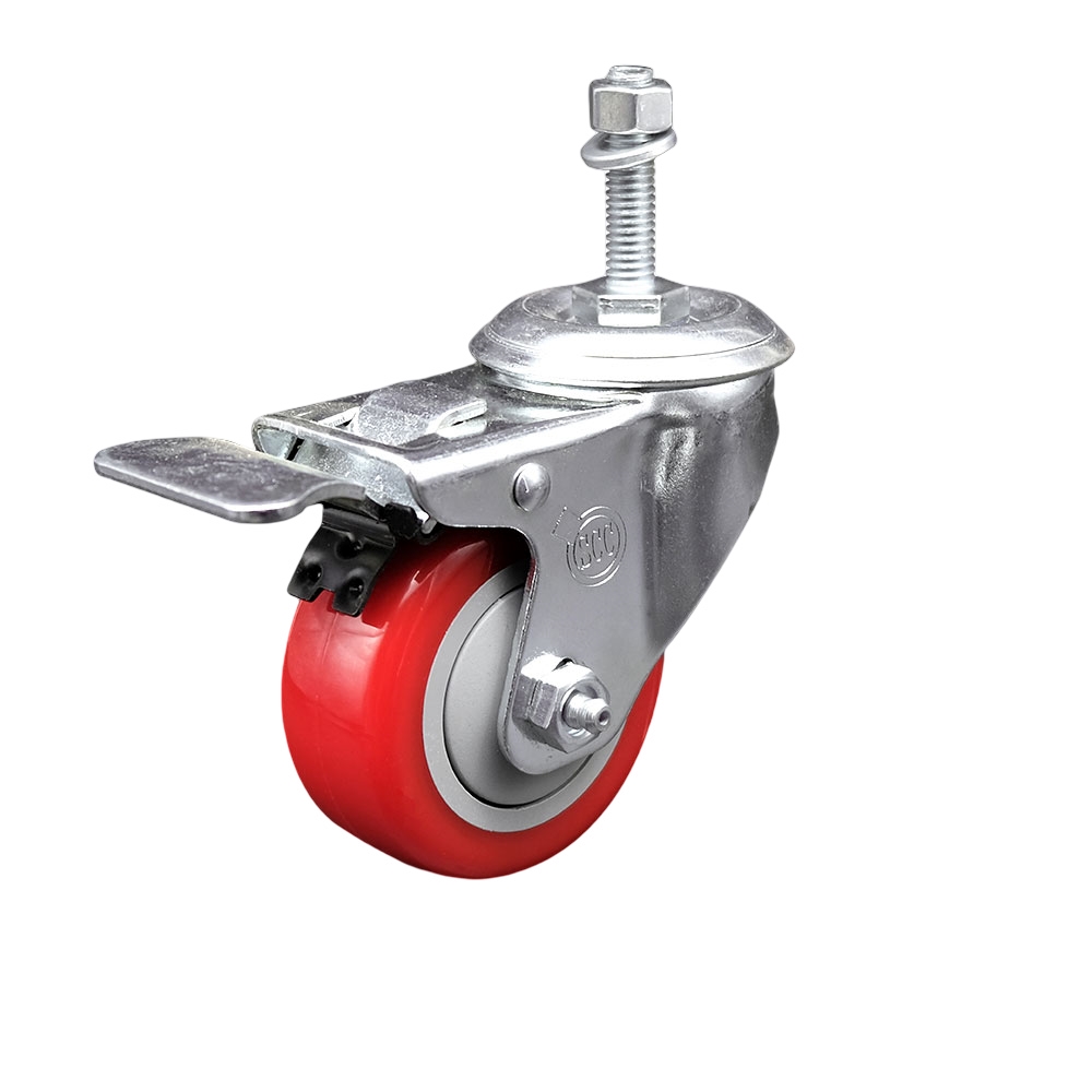 Polyurethane Swivel Threaded Stem Caster w/3.5" x 1.25" Red Wheel and 10mm Stem & Total Locking Brake - 300 lbs Capacity/Caster - Service Caster Brand — photo 1