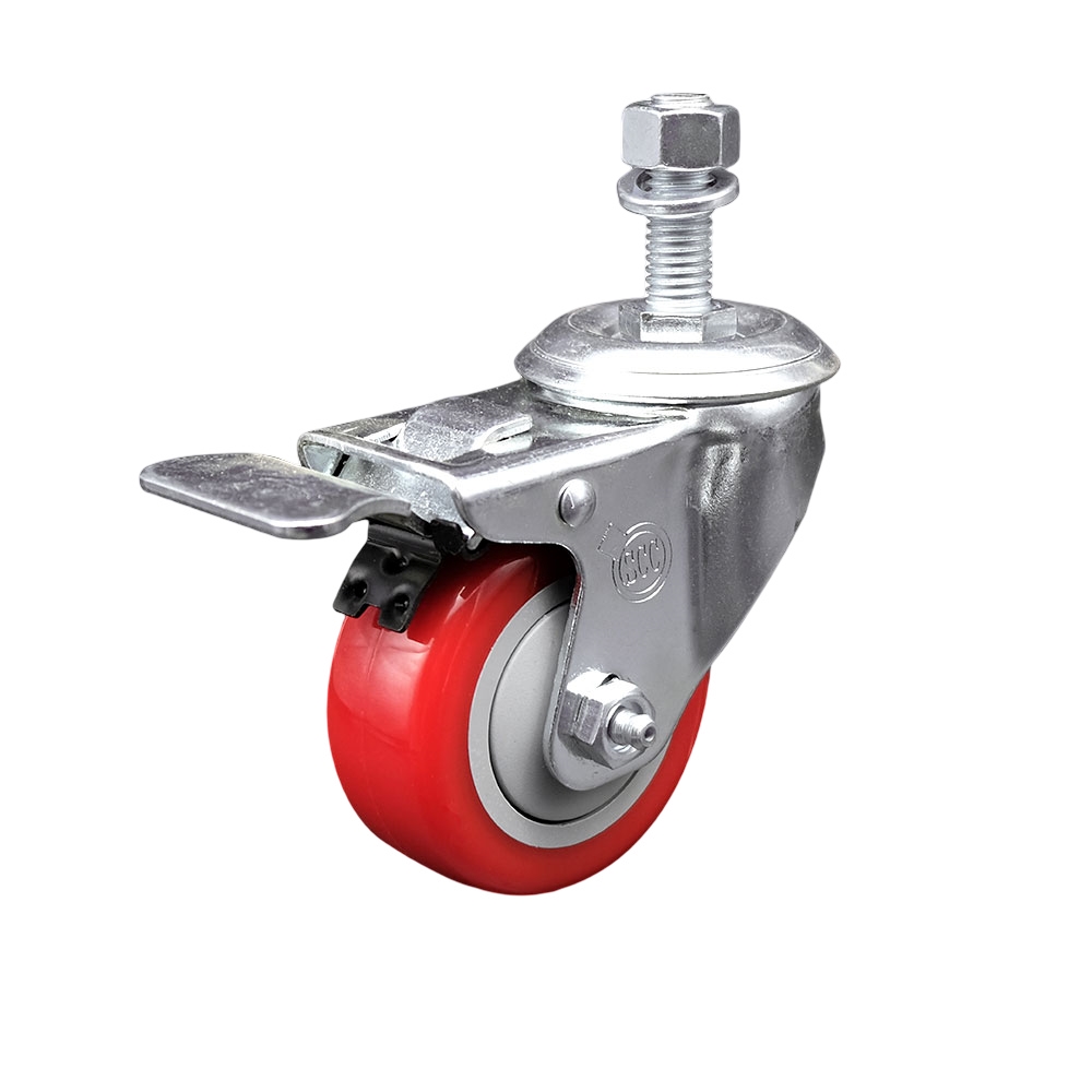 Polyurethane Swivel Threaded Stem Caster w/3.5" x 1.25" Red Wheel and 12mm Stem & Total Locking Brake - 300 lbs Capacity/Caster - Service Caster Brand — photo 1
