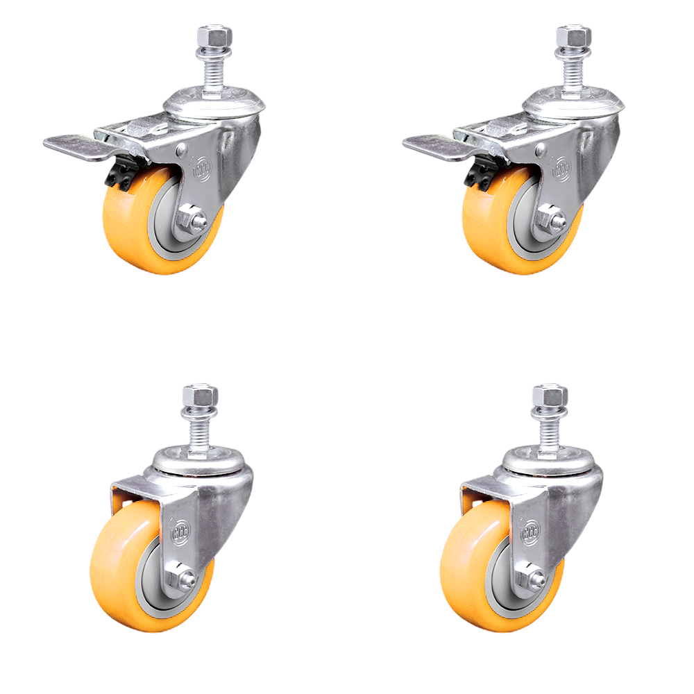 Polyurethane Swivel Threaded Stem Caster Set of 4 w/3.5" x 1.25" Yellow Wheels and 1/2" Stems - Includes 2 with Total Locking Brake - 1200 lbs Total Capacity - Service Caster Brand — photo 1