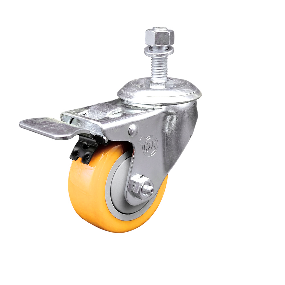 Polyurethane Swivel Threaded Stem Caster w/3.5" x 1.25" Yellow Wheel and 1/2" Stem & Total Locking Brake - 300 lbs Capacity/Caster - Service Caster Brand — photo 1