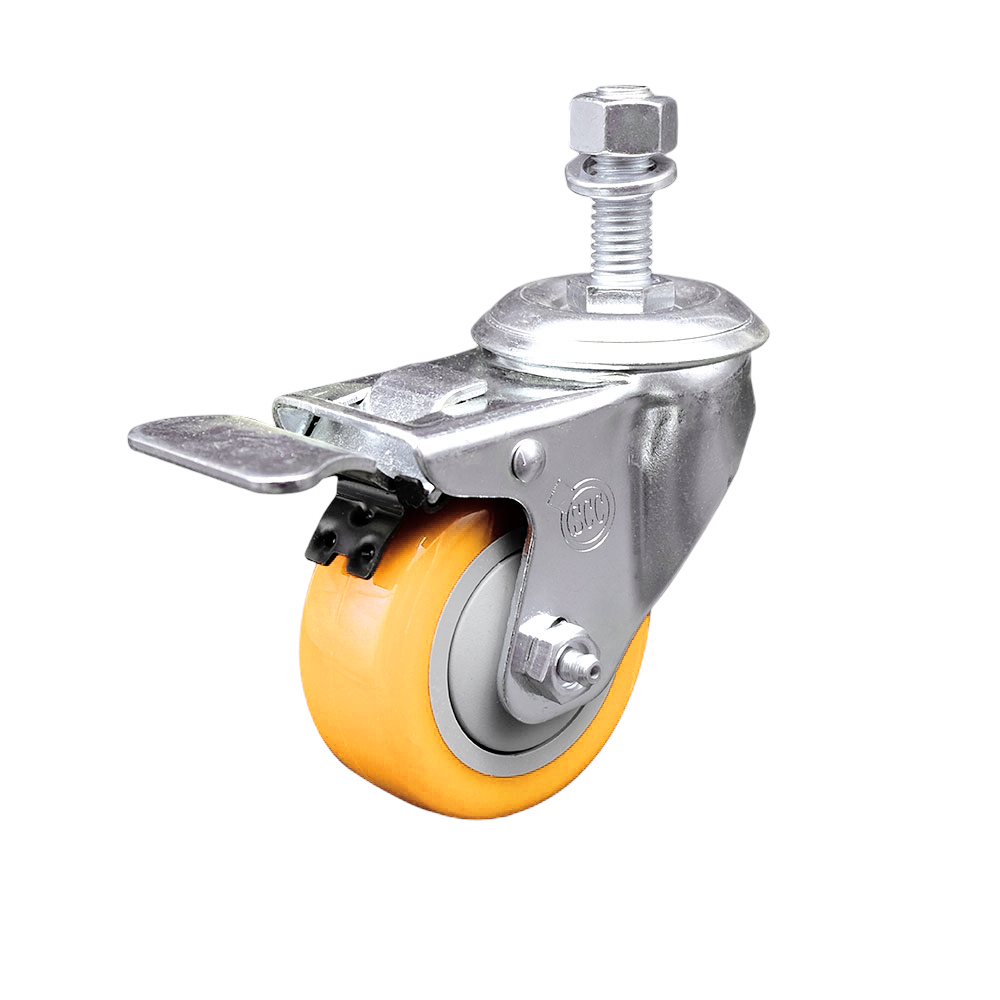 Polyurethane Swivel Stem Caster with 3.5 Inch Yellow Caster Wheel and Total Lock Brake - 12mm Metric Threaded Stem - 316 Stainless Steel Caster - 300 lbs. Capacity Per Caster - Service Caster Brand — photo 1