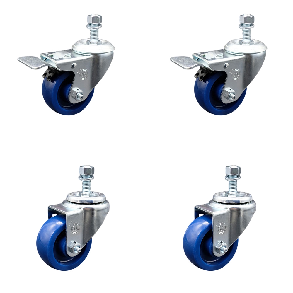 Solid Polyurethane Swivel Threaded Stem Caster Set of 4 w/3.5" x 1.25" Blue Wheels and 1/2" Stems - Includes 2 with Total Locking Brake - 1200 lbs Total Capacity - Service Caster Brand — photo 1