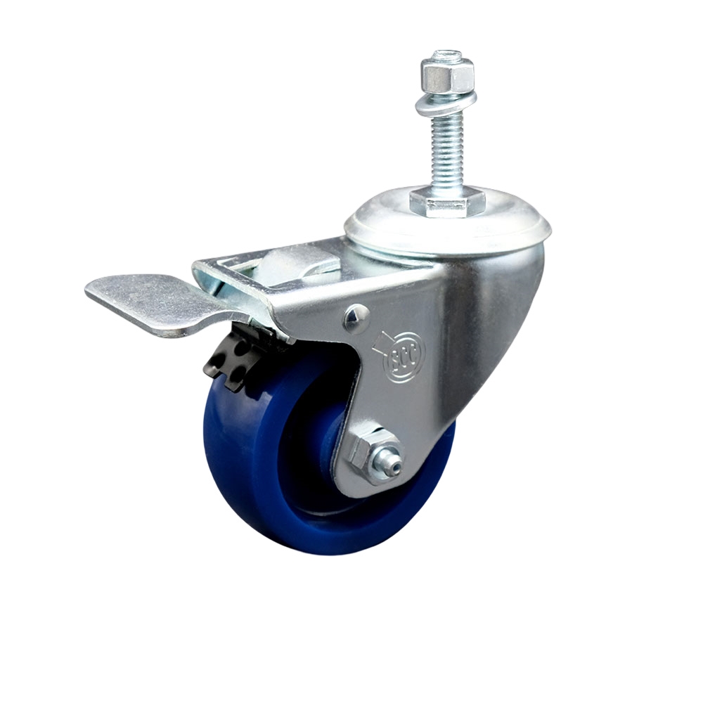 3-1/2" Swivel Caster with 3/8" Threaded Stem, Blue Solid Polyurethane Wheel and Total Lock Brake -300 lbs. Capacity - Service Caster Brand — photo 1