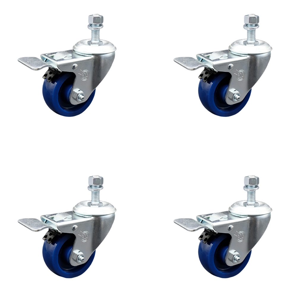 Solid Polyurethane Swivel Threaded Stem Caster Set of 4 w/3.5" x 1.25" Blue Wheels and 12mm Stems - Includes 4 with Total Lock Brakes - 1200 lbs Total Capacity - Service Caster Brand — photo 1