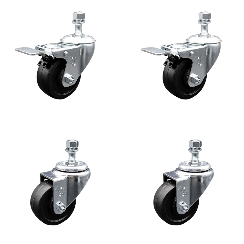 Soft Rubber Swivel Threaded Stem Caster Set of 4 w/3.5" x 1.25" Black Wheels and 1/2" Stems - Includes 2 with Total Locking Brake - 800 lbs Total Capacity - Service Caster Brand — photo 1
