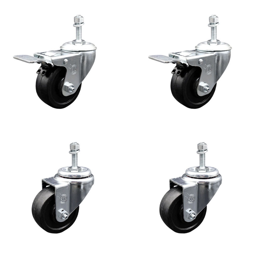 Soft Rubber Swivel Threaded Stem Caster Set of 4 w/3.5" x 1.25" Black Wheels and 3/8" Stems - Includes 2 with Total Locking Brake - 800 lbs Total Capacity - Service Caster Brand — photo 1