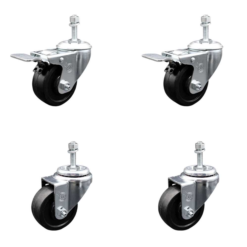 Soft Rubber Swivel Threaded Stem Caster Set of 4 w/3.5" x 1.25" Black Wheels and 10MM Metric Stems - Includes 2 with Total Locking Brake - 800 lbs Total Capacity - Service Caster Brand — photo 1
