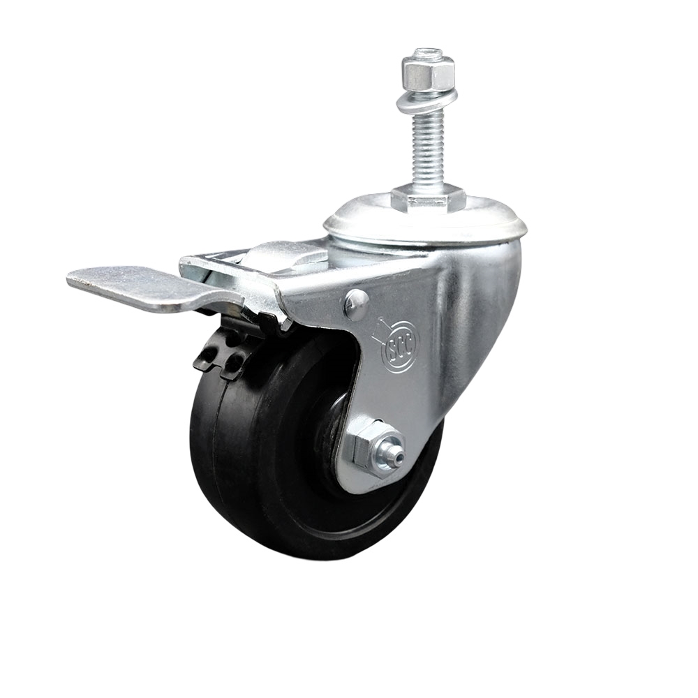 Soft Rubber Swivel Threaded Stem Caster w/3.5" x 1.25" Black Wheel and 10MM Metric Stem & Total Locking Brake - 200 lbs Capacity/Caster - Service Caster Brand — photo 1