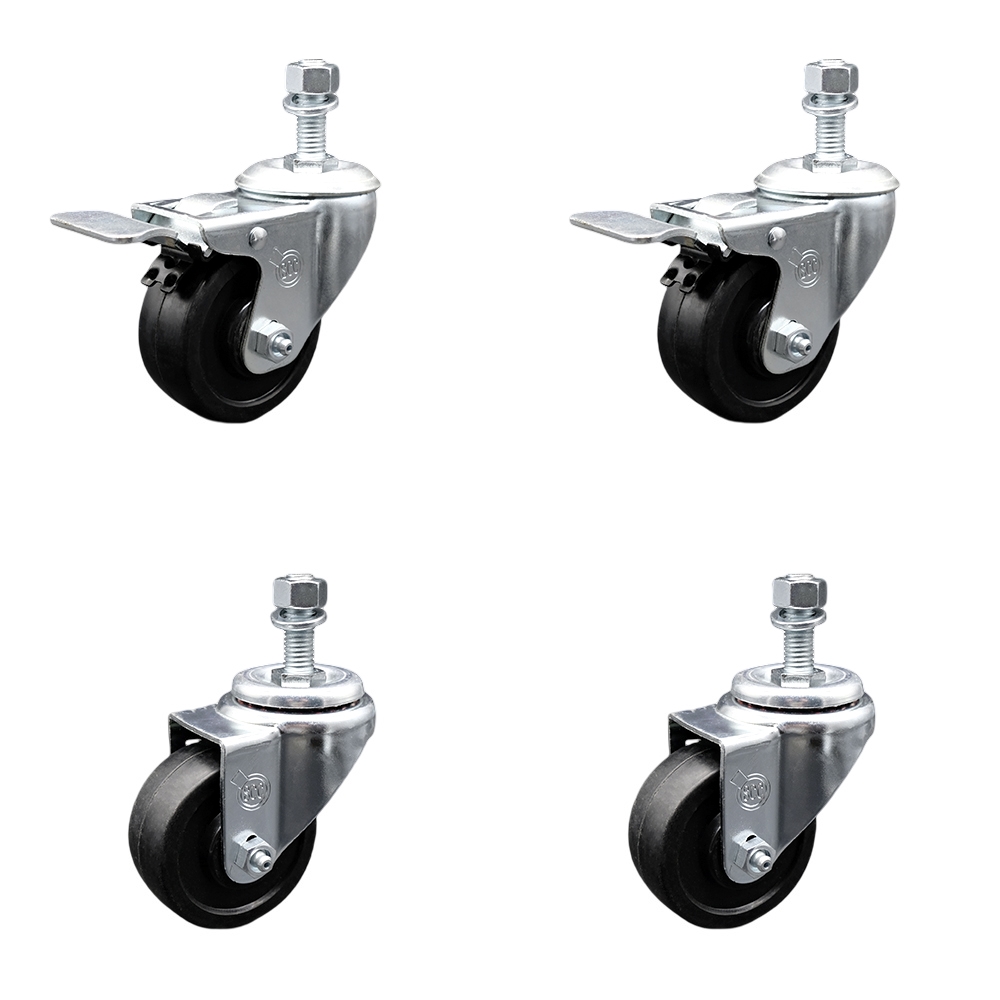 Soft Rubber Swivel Threaded Stem Caster Set of 4 w/3.5" x 1.25" Black Wheels and 12MM Metric Stems - Includes 2 with Total Locking Brake - 800 lbs Total Capacity - Service Caster Brand — photo 1
