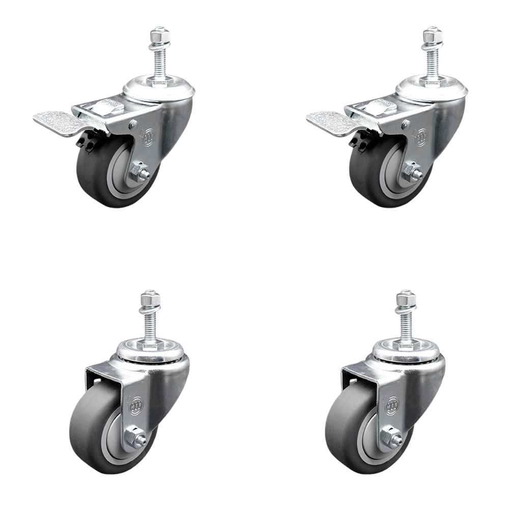 Thermoplastic Rubber Swivel Threaded Stem Caster Set of 4 - 3.5" x 1.25" Gray Wheels and 3/8" Stems - Includes 2 with Total Locking Brake - 920 lbs Total Capacity - Service Caster Brand — photo 1