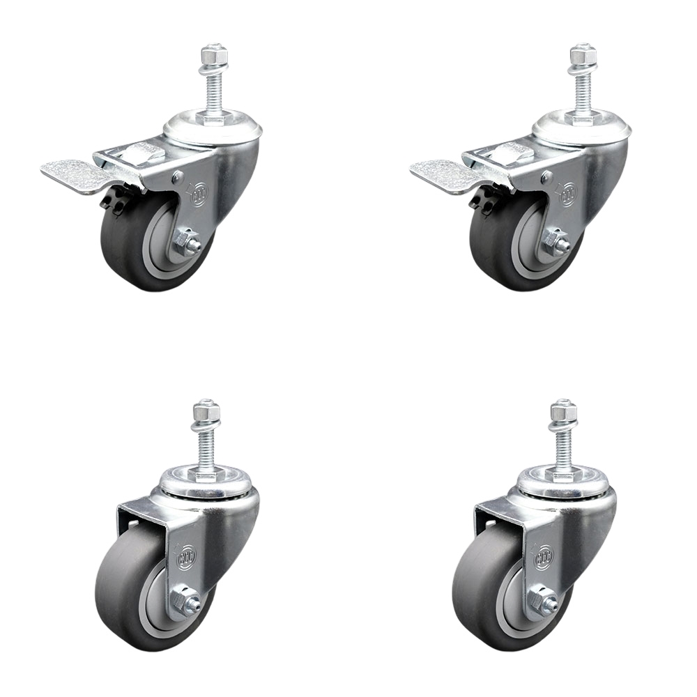 Thermoplastic Rubber Swivel Threaded Stem Caster Set of 4 - 3.5" x 1.25" Gray Wheels and 10MM Metric Stems - Includes 2 with Total Locking Brake - 920 lbs Total Capacity - Service Caster Brand — photo 1