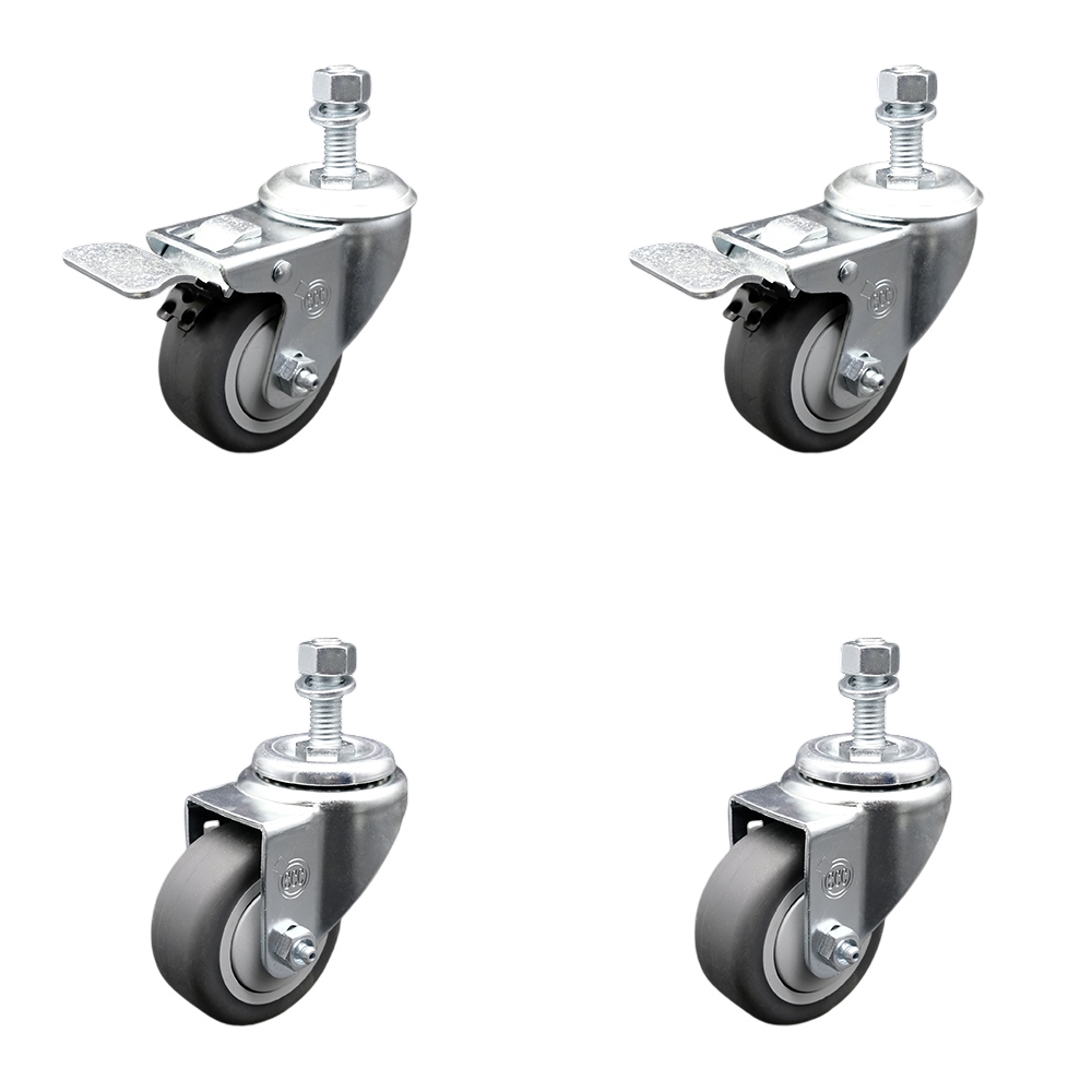 Thermoplastic Rubber Swivel Threaded Stem Caster Set of 4 - 3.5" x 1.25" Gray Wheels and 12MM Metric Stems - Includes 2 with Total Locking Brake - 920 lbs Total Capacity - Service Caster Brand — photo 1