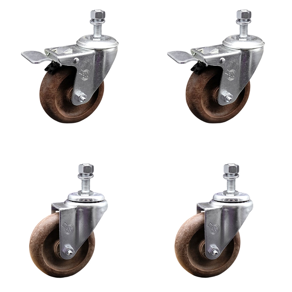 High Temp Glass Filled Nylon Swivel Threaded Stem Caster Set of 4 w/4" x 1.25" Brown Wheels and 1/2" Stems - Includes 2 with Total Locking Brake - 1400 lbs Total Capacity - Service Caster Brand — photo 1