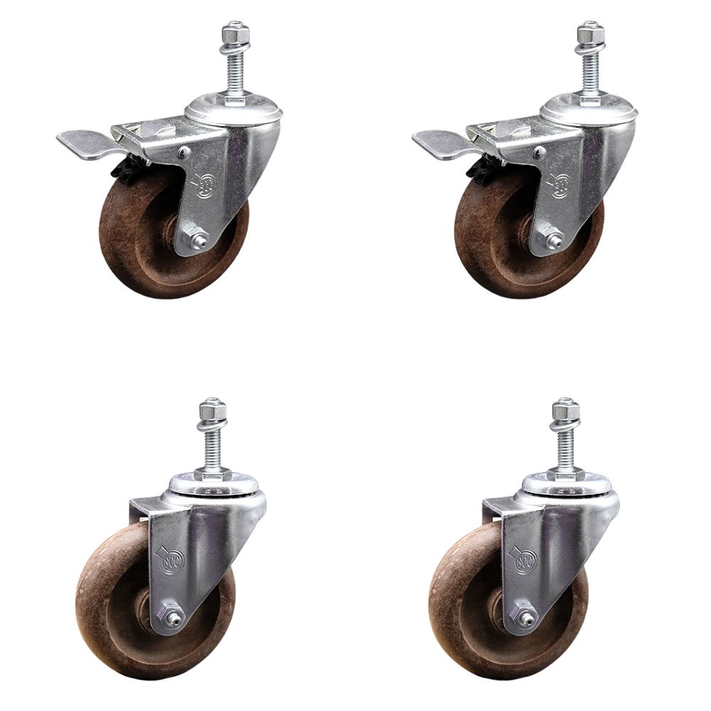 High Temp Glass Filled Nylon Swivel Threaded Stem Caster Set of 4 w/4" x 1.25" Brown Wheels and 3/8" Stems - Includes 2 with Total Locking Brake - 1400 lbs Total Capacity - Service Caster Brand — photo 1