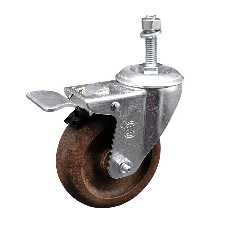 High Temp Glass Filled Nylon Swivel Threaded Stem Caster w/4" x 1.25" Brown Wheel and 3/8" Stem & Total Locking Brake - 350 lbs Capacity/Caster - Service Caster Brand — photo 1