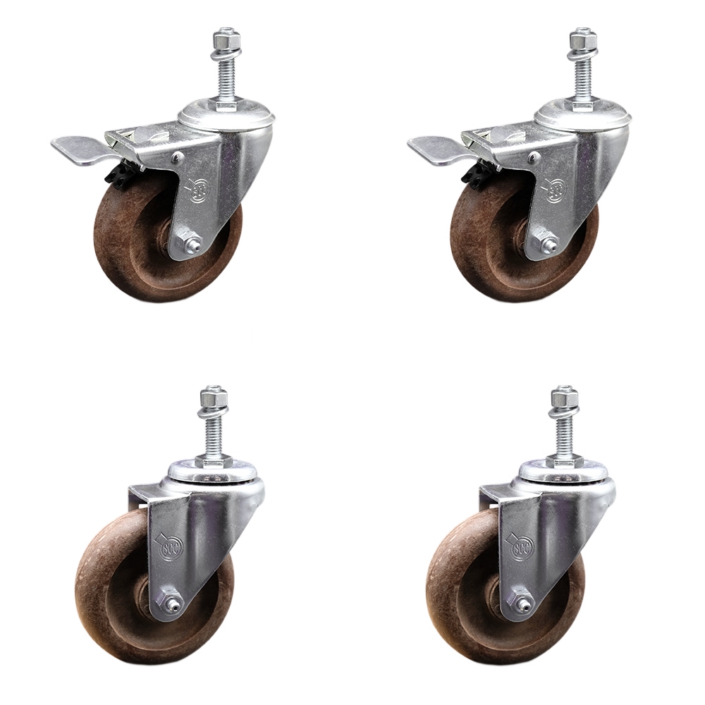 High Temp Glass Filled Nylon Swivel Threaded Stem Caster Set of 4 w/4" x 1.25" Brown Wheels and 10MM Metric Stems - Includes 2 with Total Locking Brake - 1400 lbs Total Capacity - Service Caster Brand — photo 1