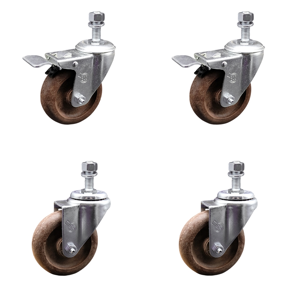 High Temp Glass Filled Nylon Swivel Threaded Stem Caster Set of 4 w/4" x 1.25" Brown Wheels and 12MM Metric Stems - Includes 2 with Total Locking Brake - 1400 lbs Total Capacity - Service Caster Brand — photo 1