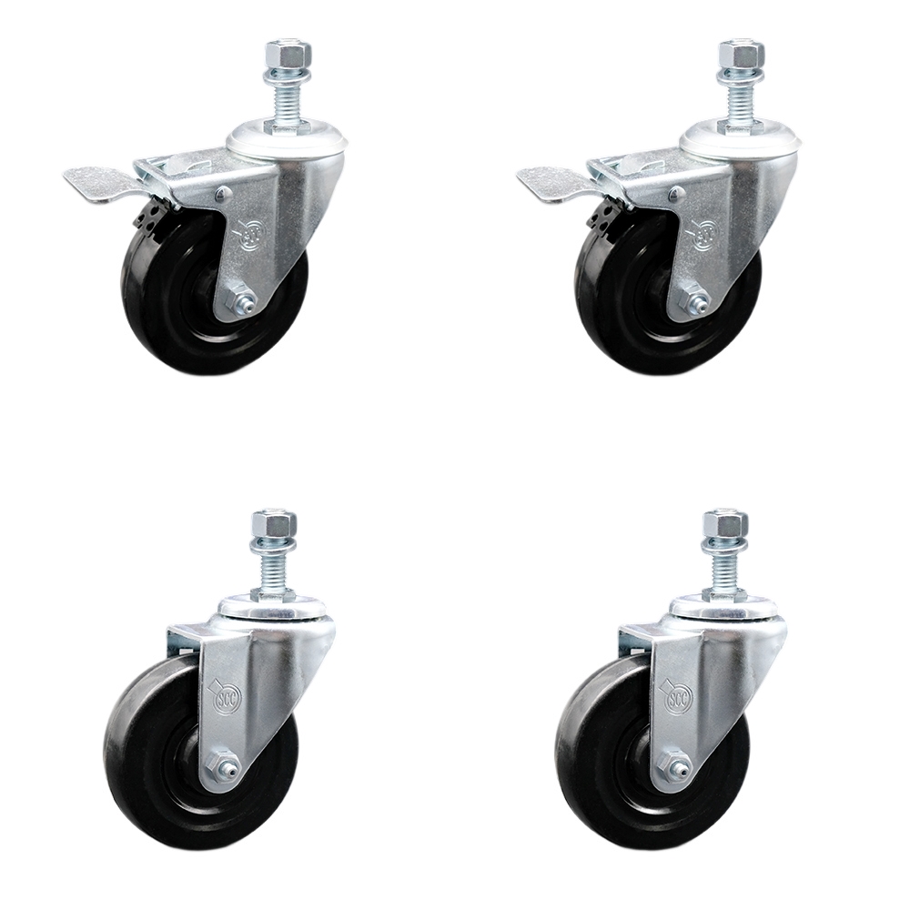 Hard Rubber Swivel Threaded Stem Caster Set of 4 w/4" x 1.25" Black Wheels and 1/2" Stems - Includes 2 with Total Locking Brake - 1100 lbs Total Capacity - Service Caster Brand — photo 1