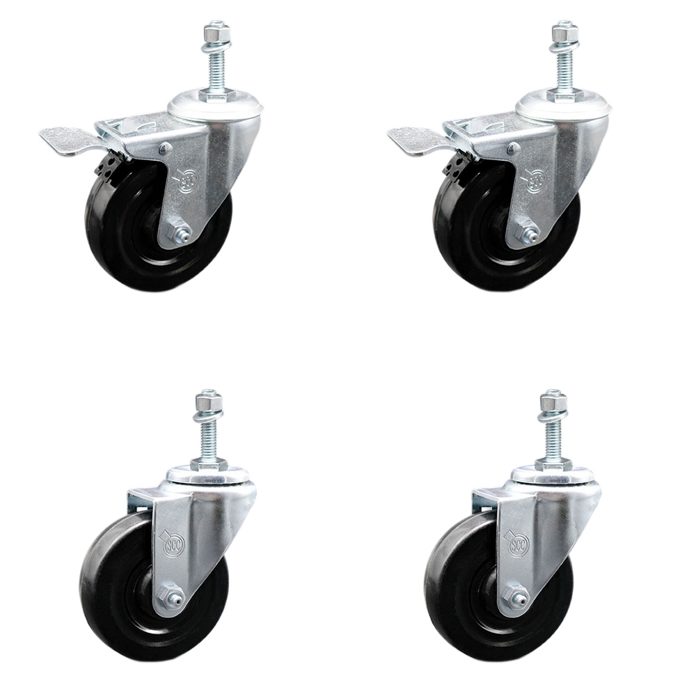 Hard Rubber Swivel Threaded Stem Caster Set of 4 w/4" x 1.25" Black Wheels and 3/8" Stems - Includes 2 with Total Locking Brake - 1100 lbs Total Capacity - Service Caster Brand — photo 1
