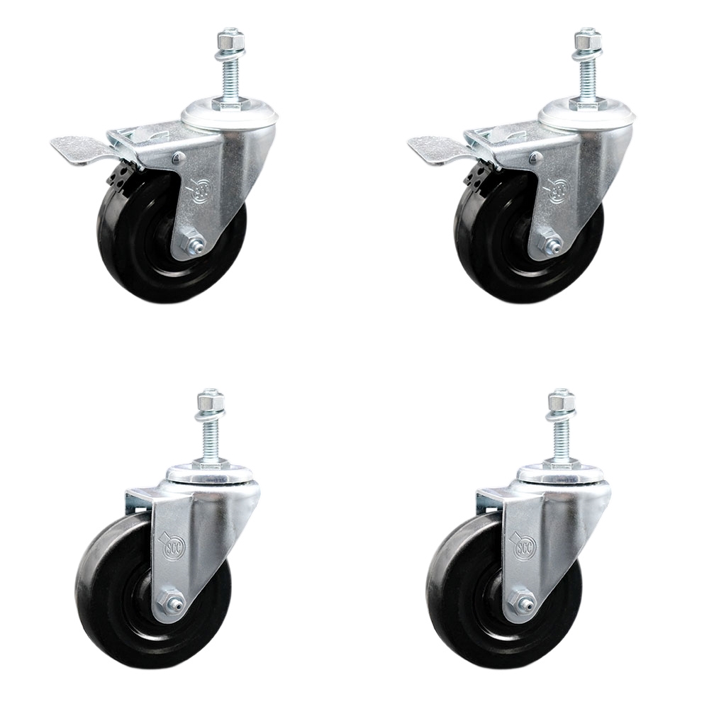 Hard Rubber Swivel Threaded Stem Caster Set of 4 w/4" x 1.25" Black Wheels and 10MM Metric Stems - Includes 2 with Total Locking Brake - 1100 lbs Total Capacity - Service Caster Brand — photo 1