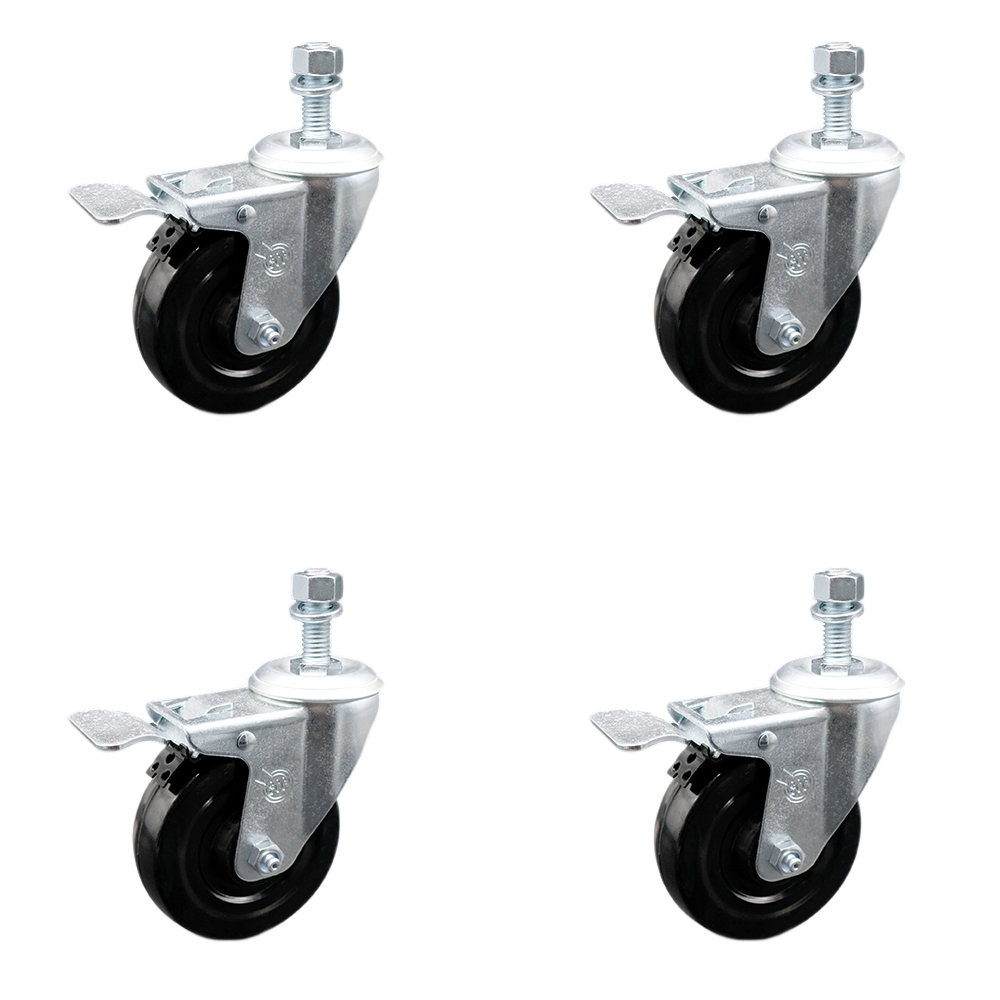Hard Rubber Swivel Threaded Stem Caster Set of 4 w/4" x 1.25" Black Wheels and 10mm Stems - Includes 4 with Total Lock Brakes - 1200 lbs Total Capacity - Service Caster Brand — photo 1