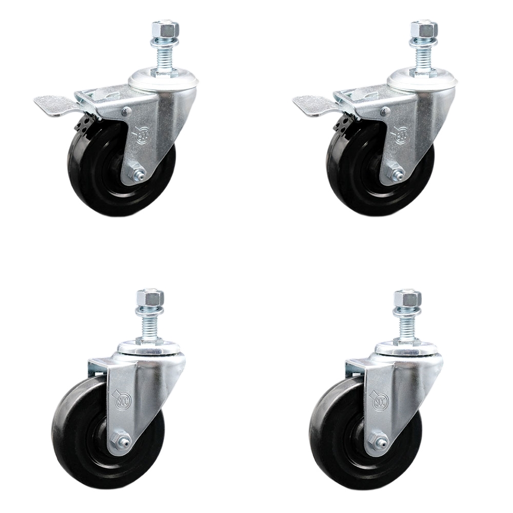 Hard Rubber Swivel Threaded Stem Caster Set of 4 w/4" x 1.25" Black Wheels and 12MM Metric Stems - Includes 2 with Total Locking Brake - 1100 lbs Total Capacity - Service Caster Brand — photo 1